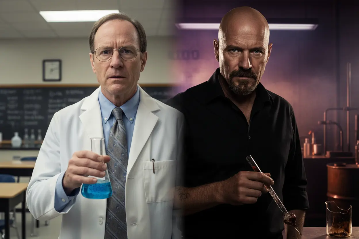 A Dupla Face de Walter White Retratos contrastantes de Walter White, mostrando sua transformação.