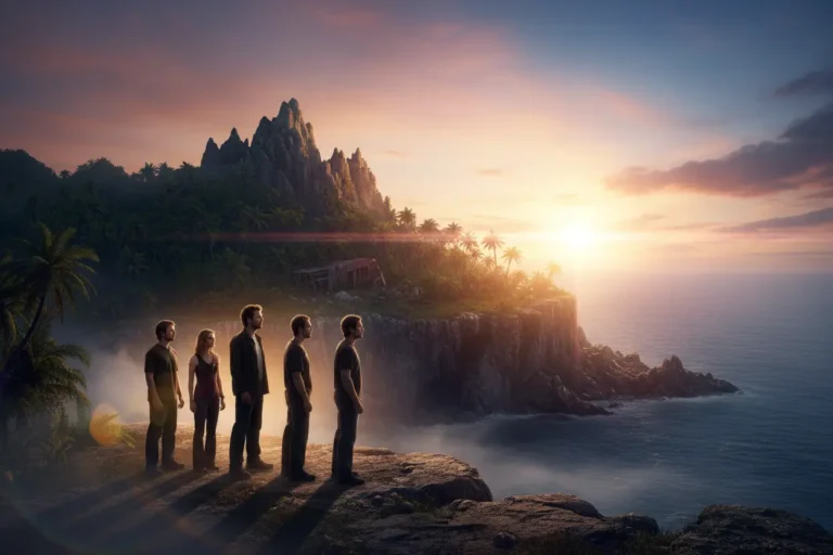 Personagens de Lost na ilha, olhando para a luz no final.