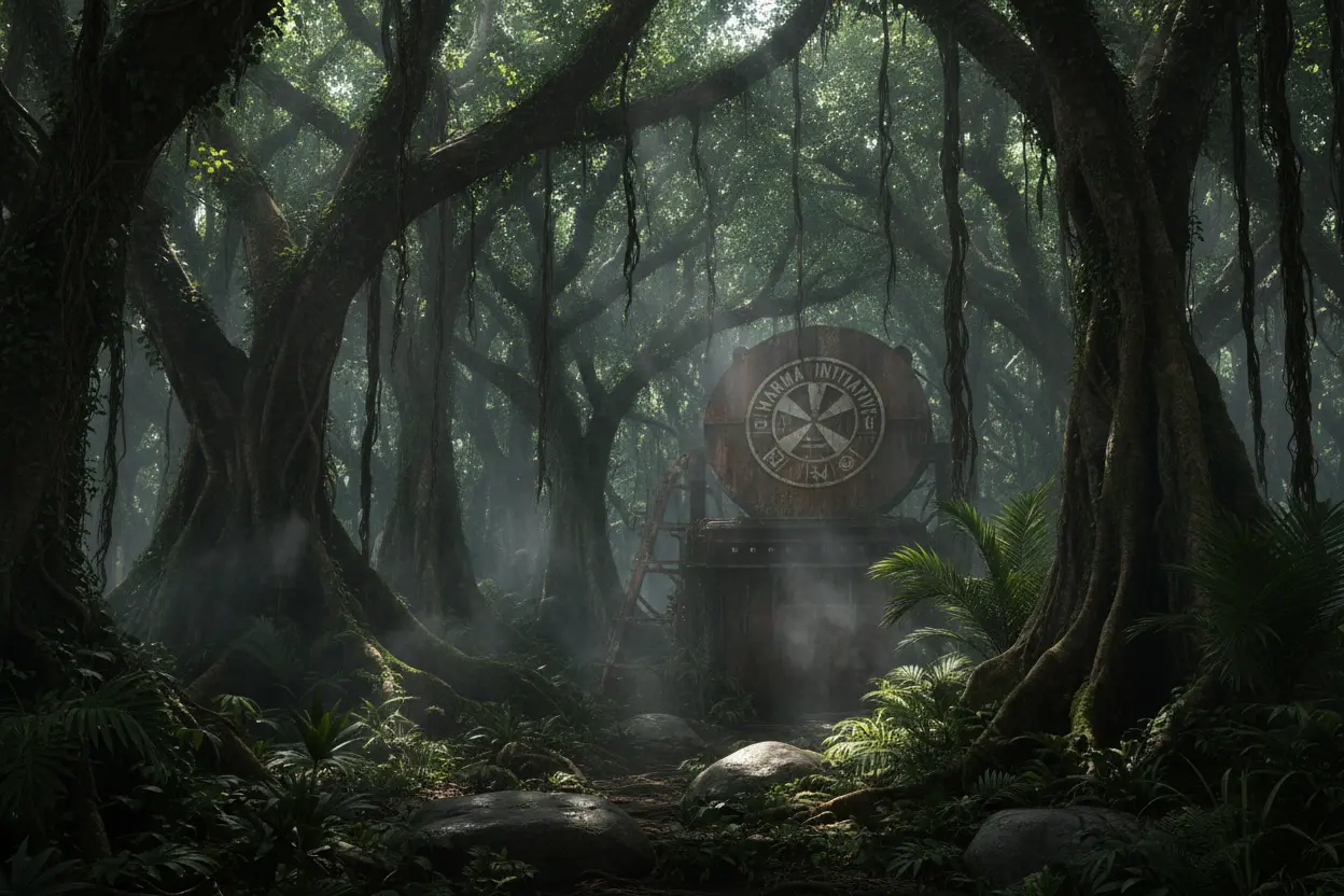 Mistérios da Ilha de Lost Selva misteriosa da ilha de Lost com fumaça negra e logo Dharma.