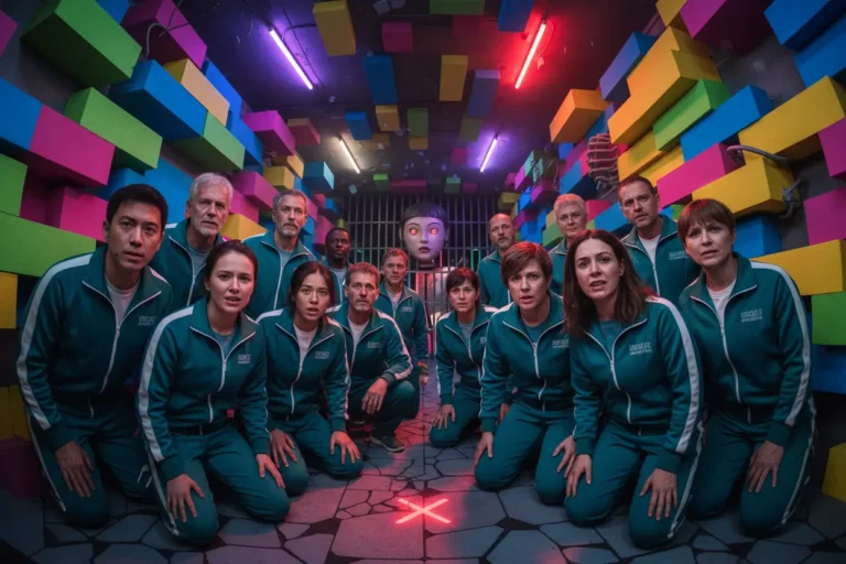 Grupo de jogadores de Round 6 em seus uniformes verdes, em um cenário de jogo, refletindo a premissa da série.