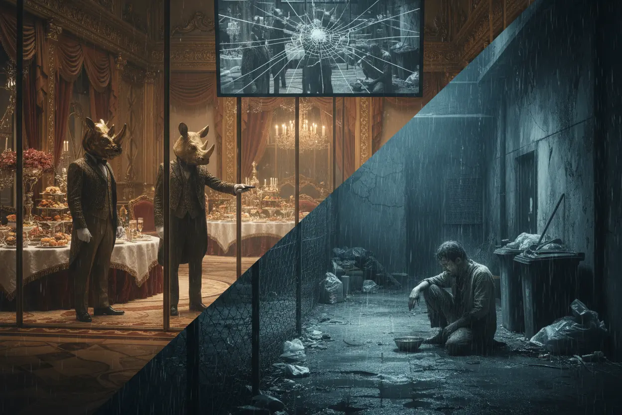 Grupo de jogadores de Round 6 em seus uniformes verdes, em um cenário de jogo, refletindo a premissa da série.