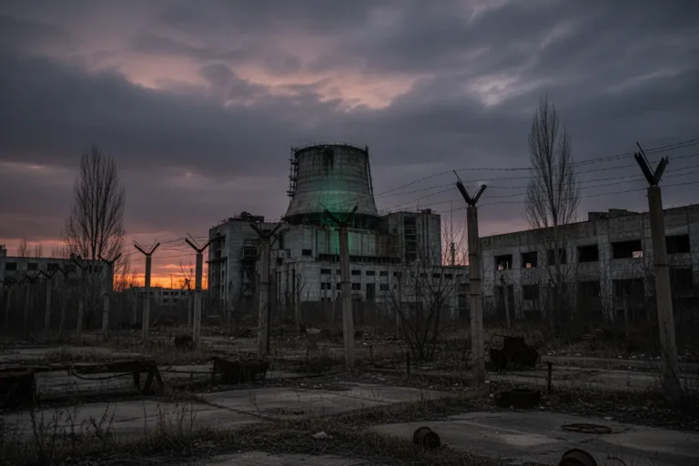 Usina nuclear de Chernobyl com céu dramático.