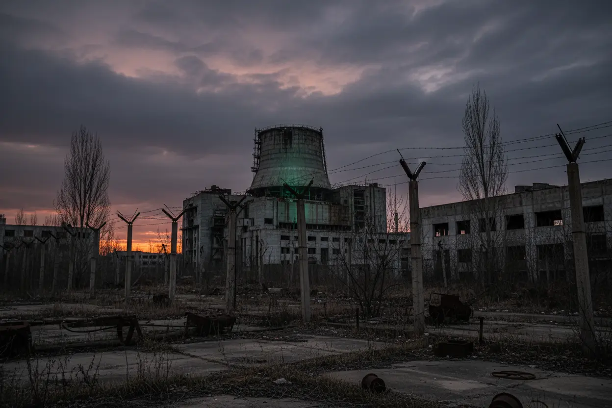 Usina nuclear de Chernobyl com céu dramático.