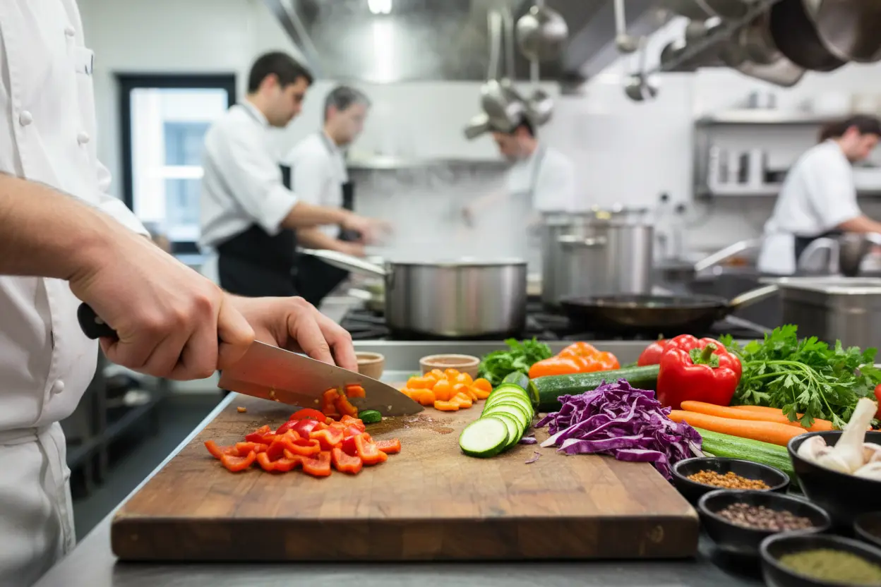 Mãos de chef picando vegetais em cozinha profissional