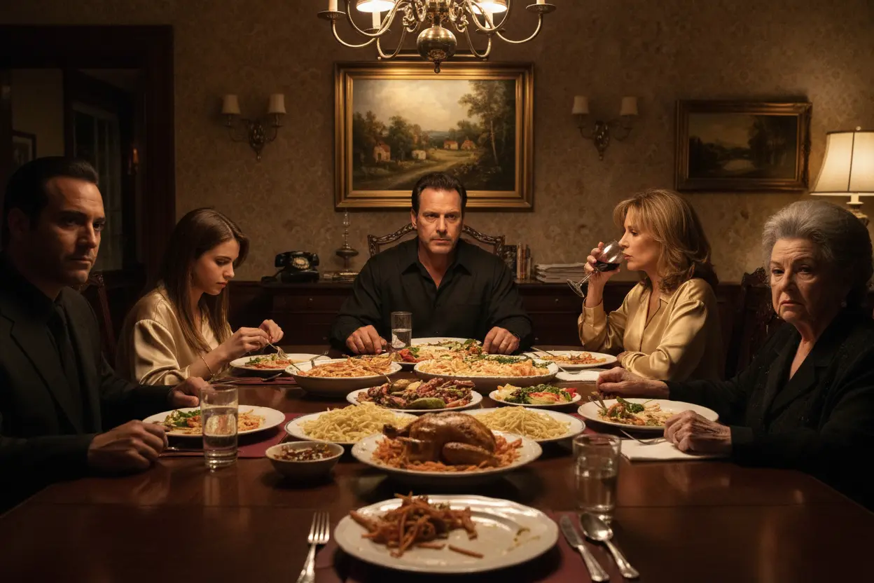 Família Soprano Jantar Tensão Jantar da família Soprano, com membros da máfia sentados à mesa, expressando tensão e dinâmicas de poder.