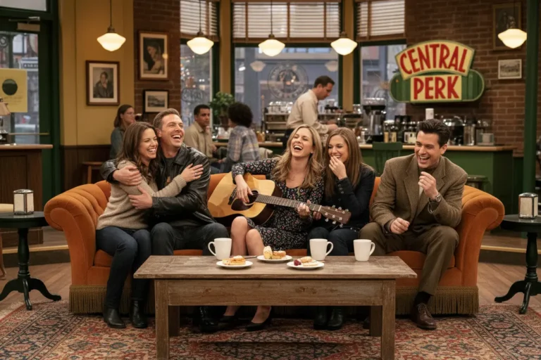 Seis amigos rindo no sofá do Central Perk, simbolizando a alegria de rever Friends.