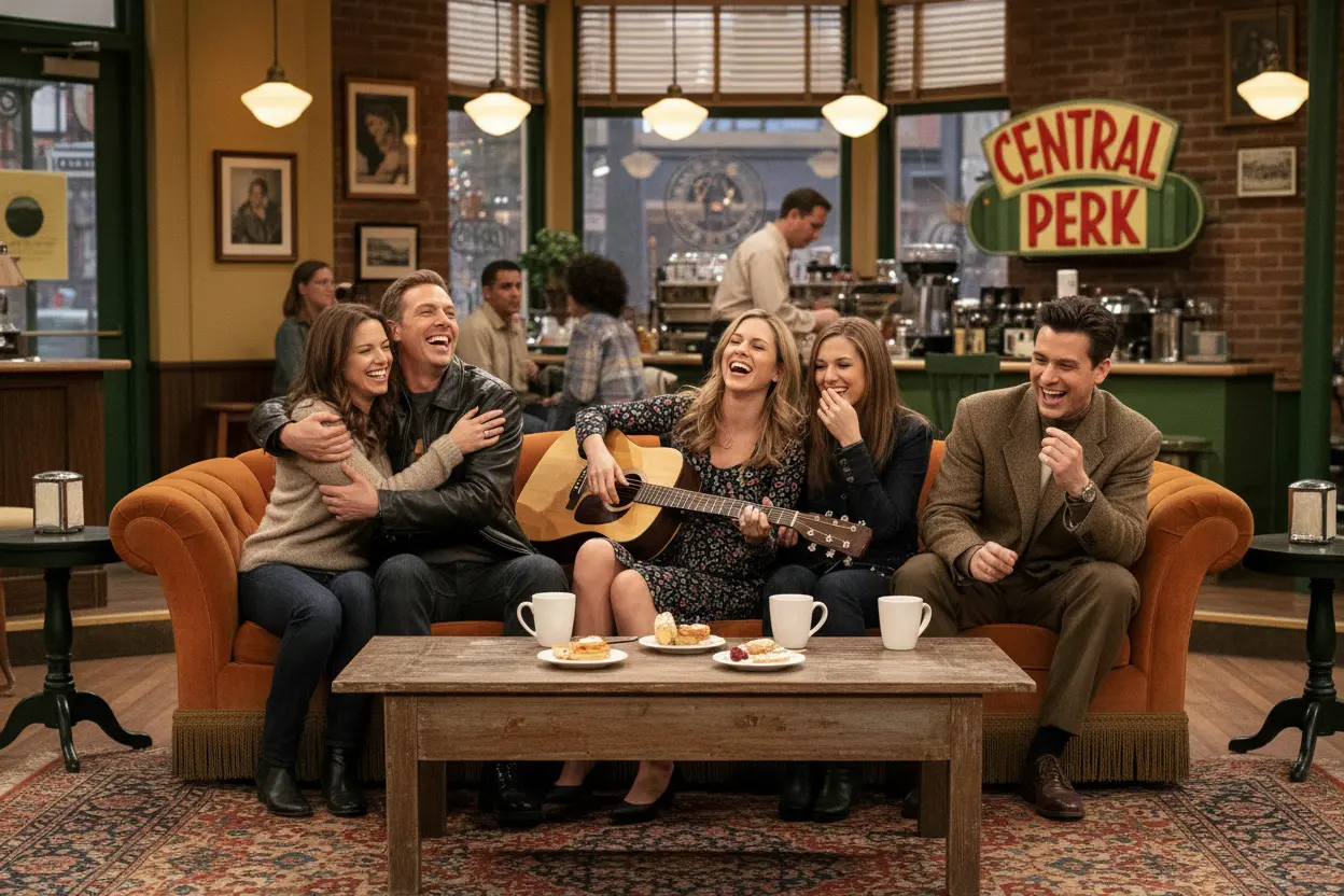 Seis amigos rindo no sofá do Central Perk, simbolizando a alegria de rever Friends.