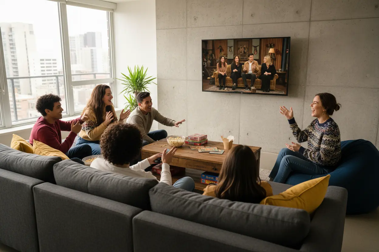 Friends e Seu Impacto Cultural Duradouro Grupo de amigos assistindo e debatendo sobre a série Friends.