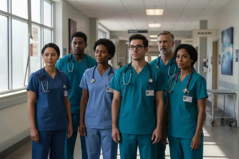 Médicos de Grey's Anatomy em corredor de hospital, representando a série.