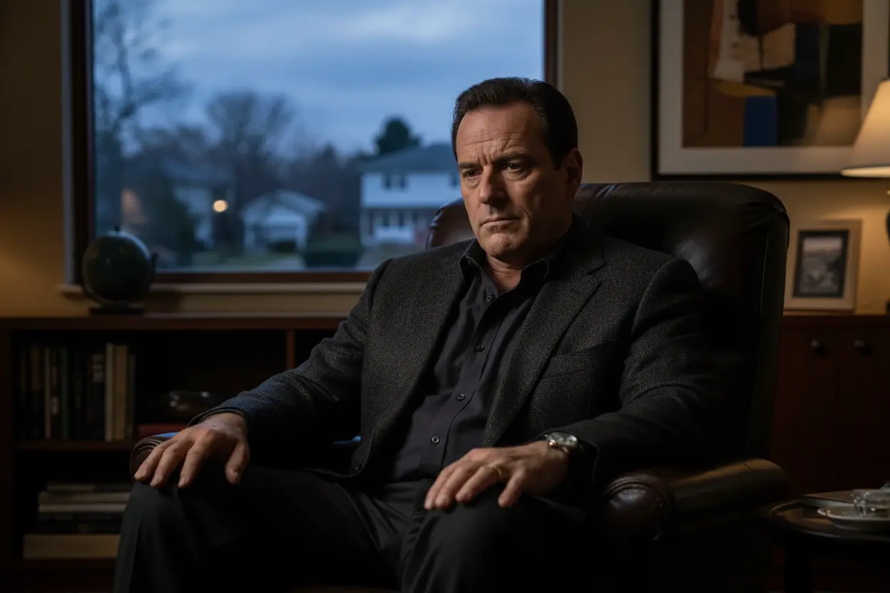 Tony Soprano sentado em cadeira de terapia, pensando, para artigo sobre se a série Os Sopranos é boa mesmo.