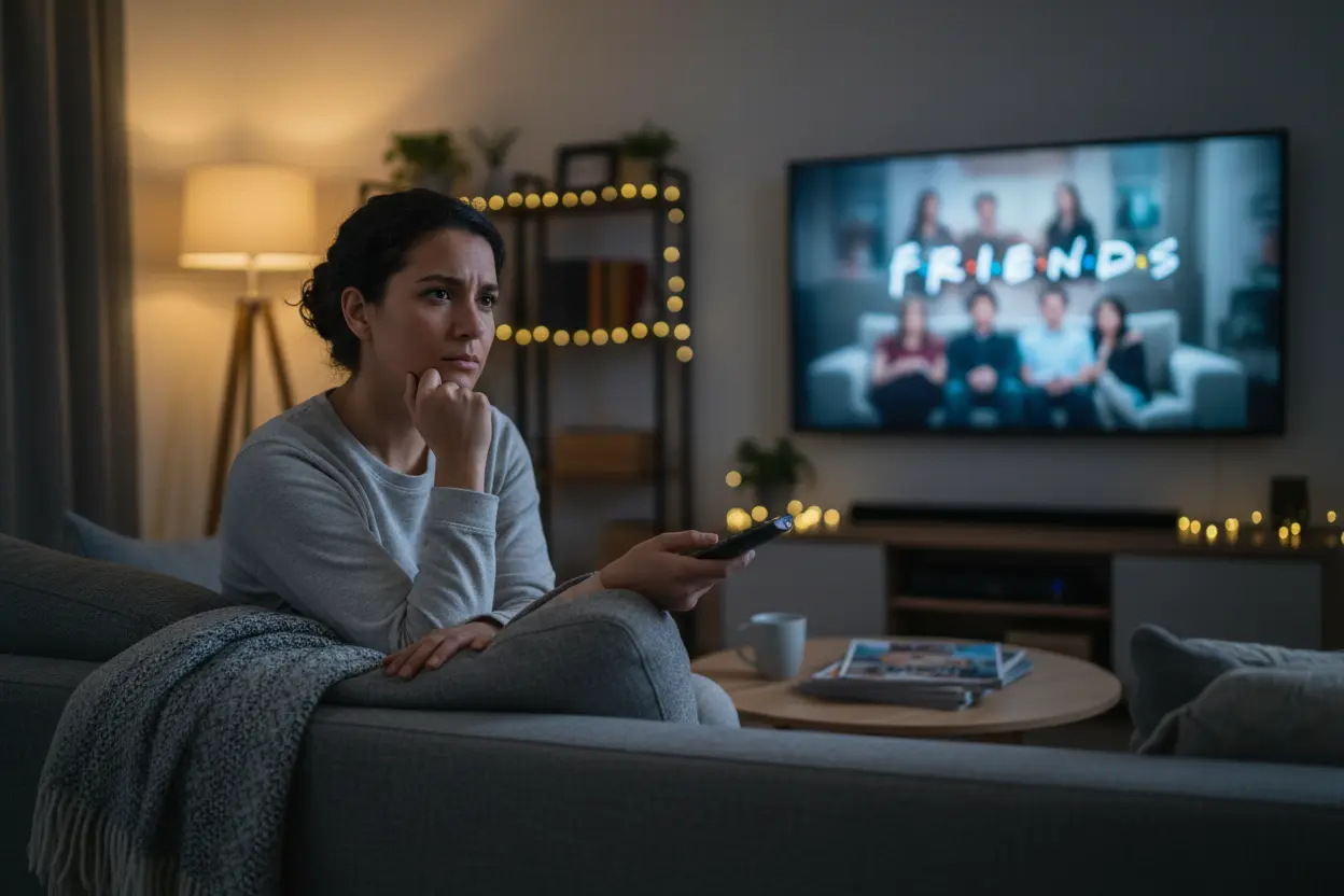 Pensando em Rever Friends Pessoa contemplativa assistindo TV, pensando se vale a pena ver a serie friends de novo.