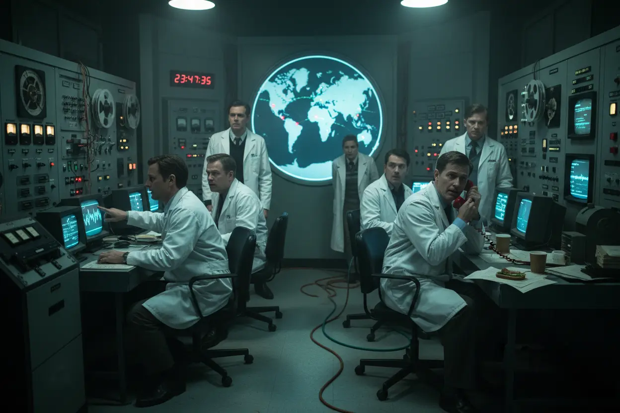 Cena de controle da usina de Chernobyl com engenheiros preocupados.