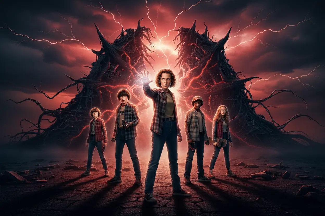 Elenco de Stranger Things encarando o Mundo Invertido na temporada final