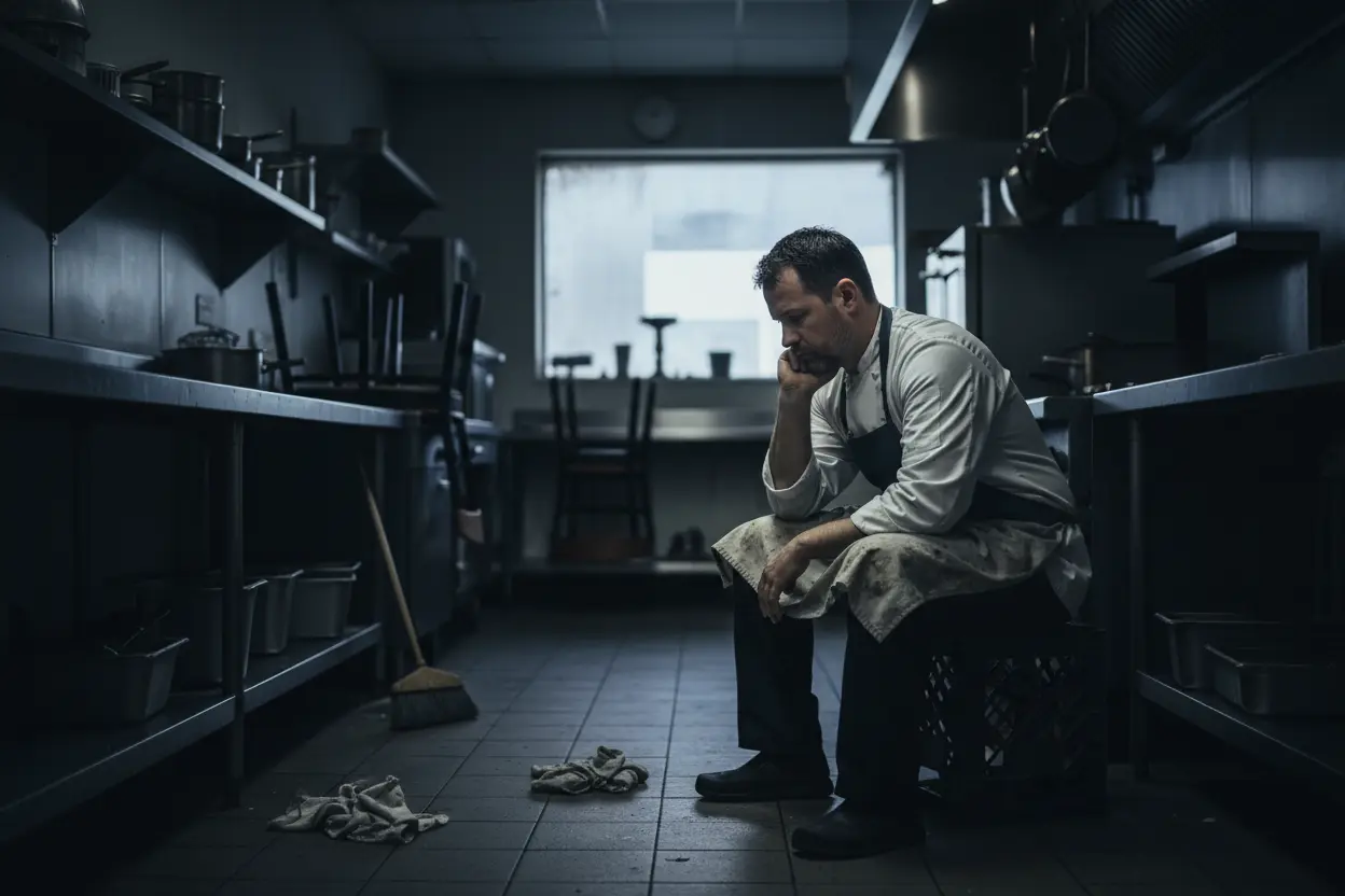 Vale a pena ver a série The Bear - Chef exausto e pensativo na cozinha vazia