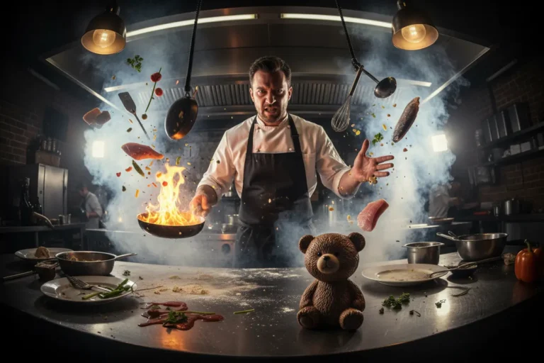 Chef em cozinha caótica com ursinho, representando a série The Bear