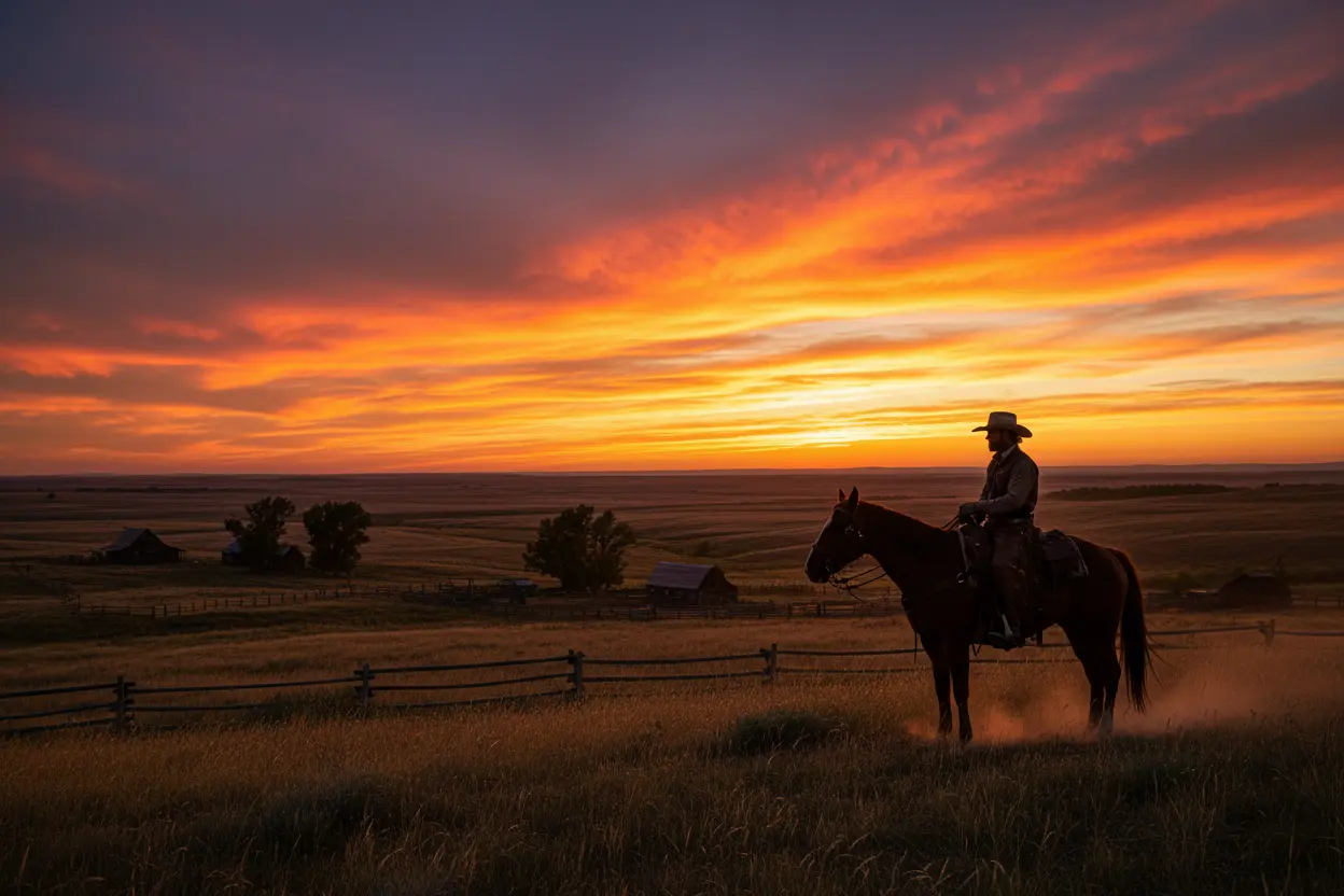 Cavaleiro em Yellowstone ao pôr do sol
