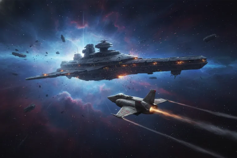 Battlestar Galactica e nave Viper em cenário espacial dramático, onde assistir em 2024 e 2026
