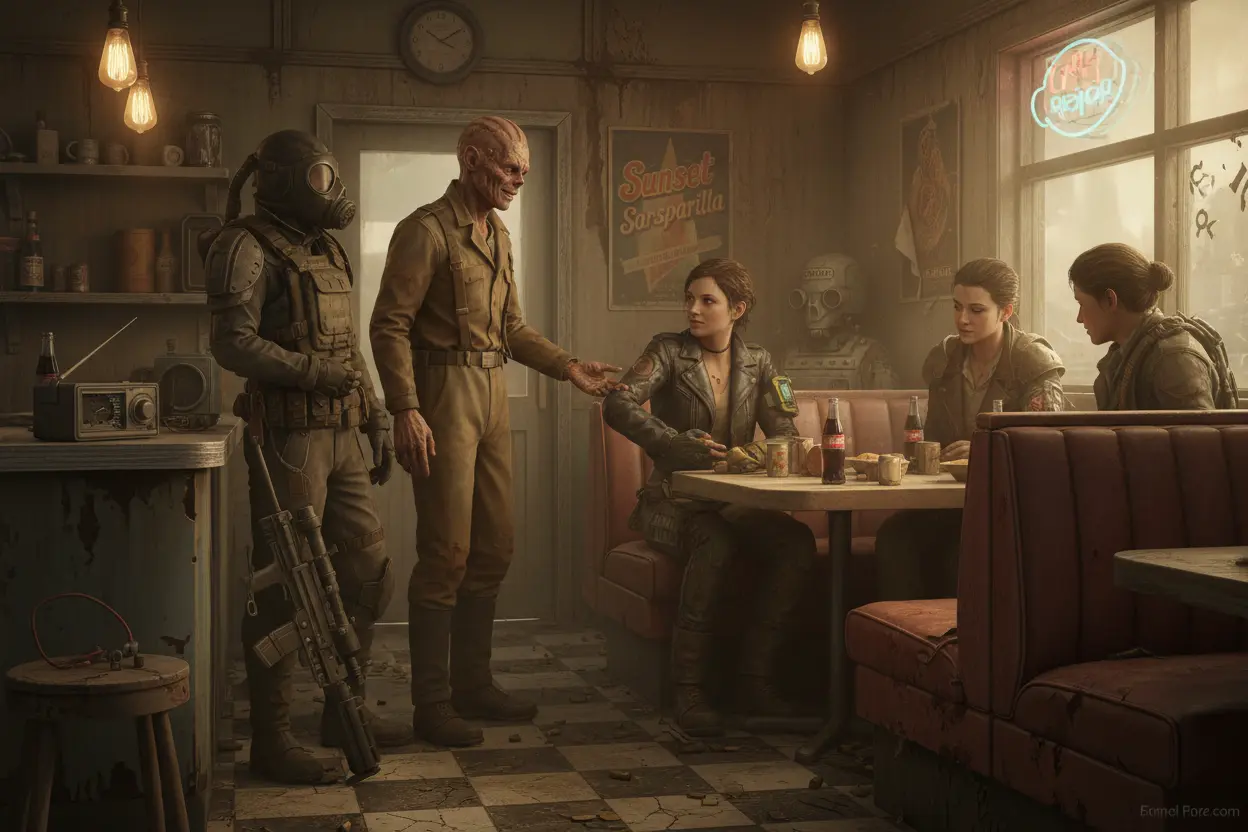 Personagens da série Fallout, incluindo um ghoul, em um diner, ilustrando a atmosfera da série.