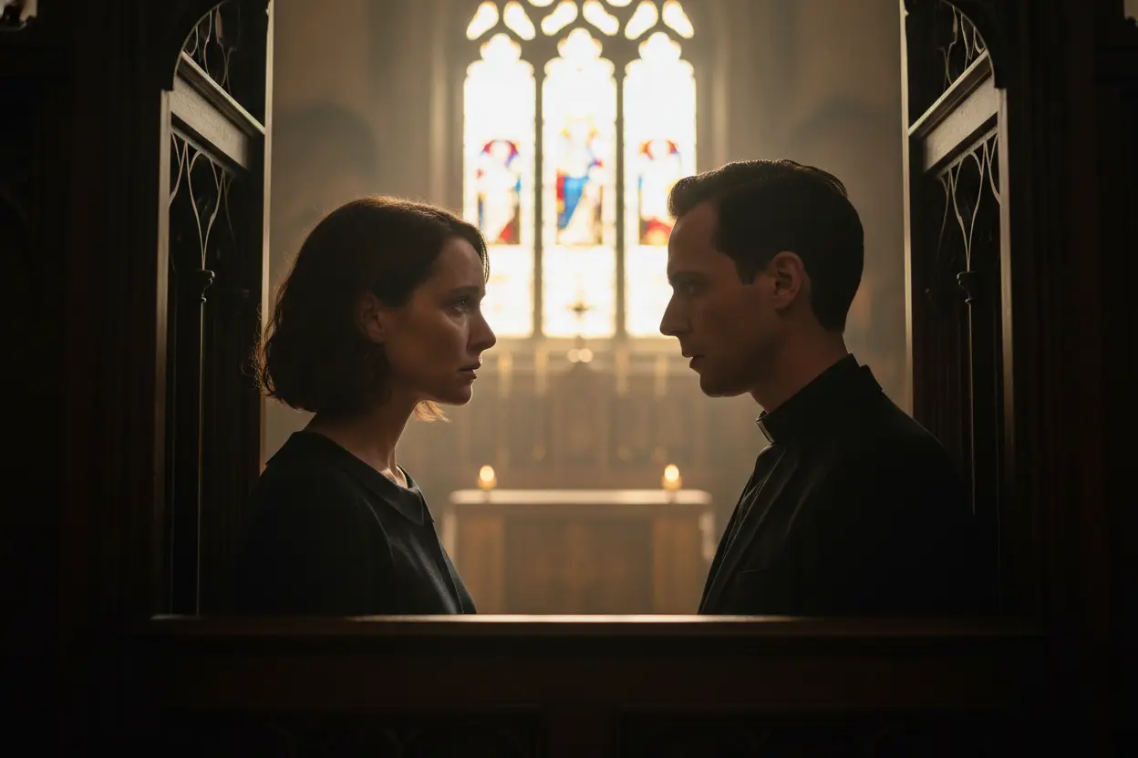 Cena de Fleabag com o Padre em um confessionário