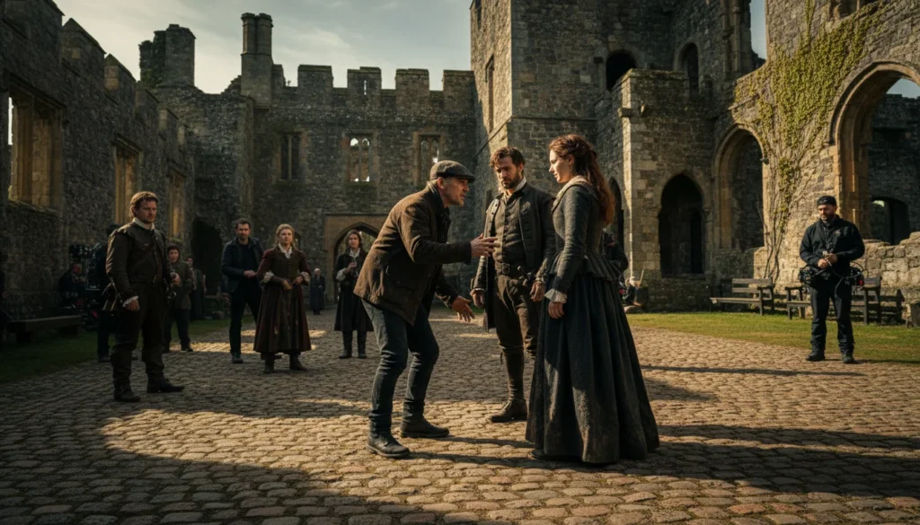 Guy Ritchie orienta o elenco durante as gravações em uma das locações históricas da série.