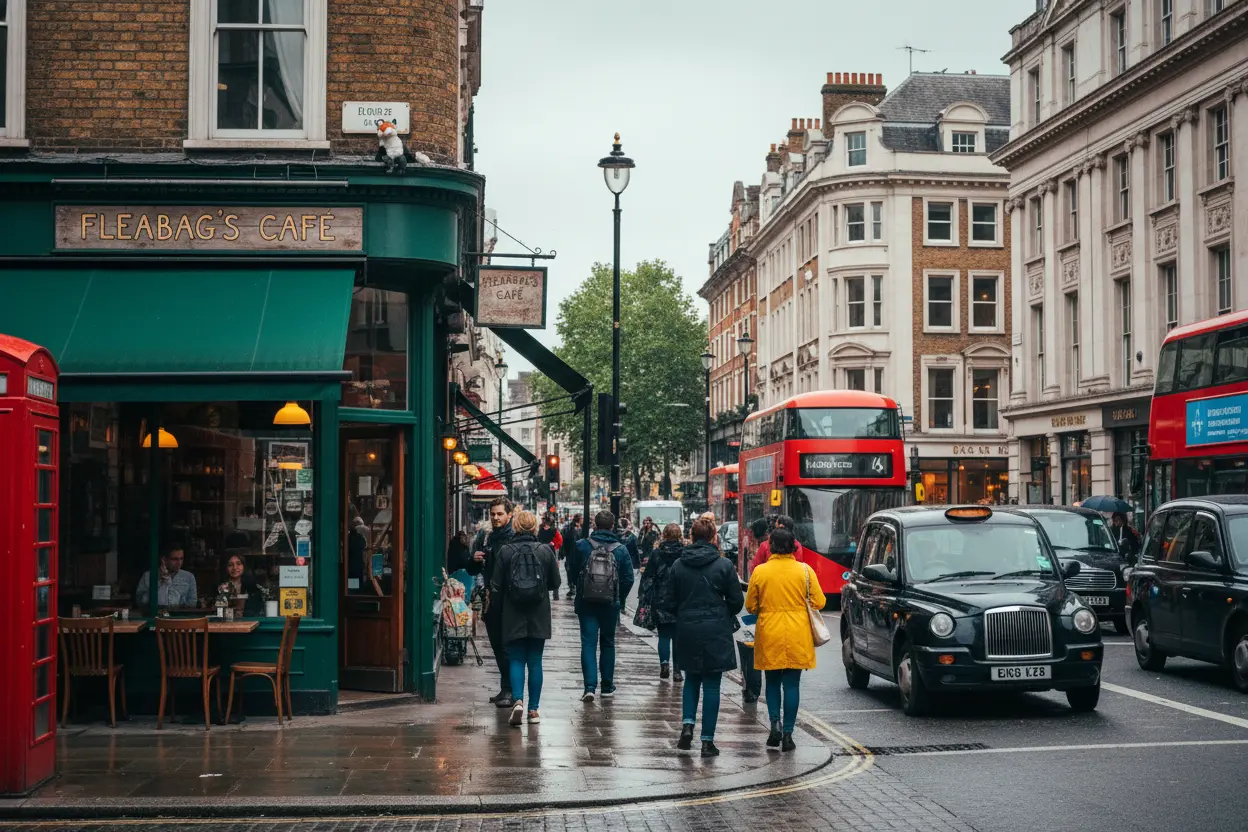 Rua movimentada de Londres, cenário da série Fleabag