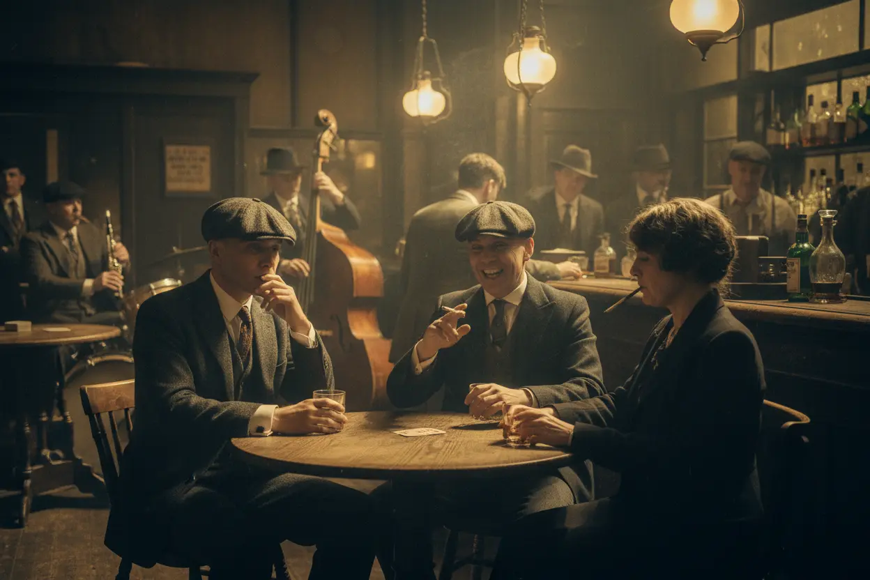 Grupo de Peaky Blinders caminhando, mostrando o estilo que os tornou famosos