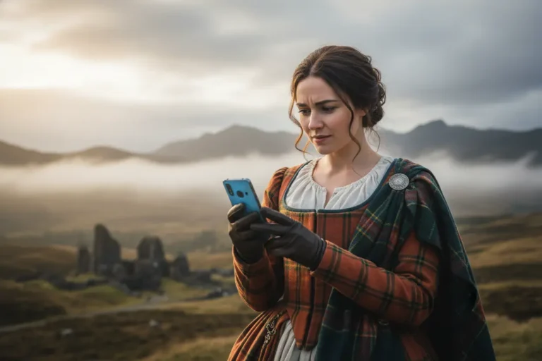 Mulher em traje escocês do século XVIII com objeto moderno, simbolizando a série Outlander.