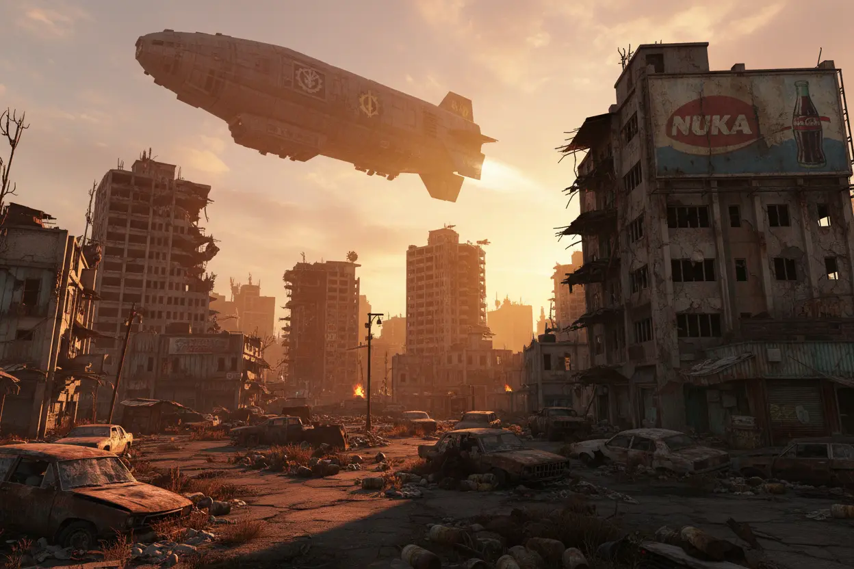 Cenário pós-apocalíptico da série Fallout, com elementos que remetem à fidelidade ao jogo.
