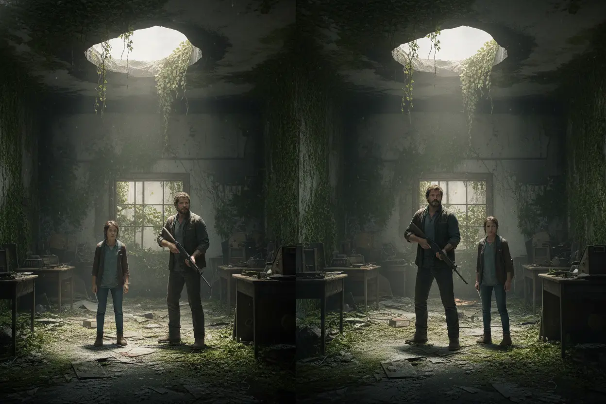 Comparação de cena do jogo e da série The Last of Us mostrando a adaptação