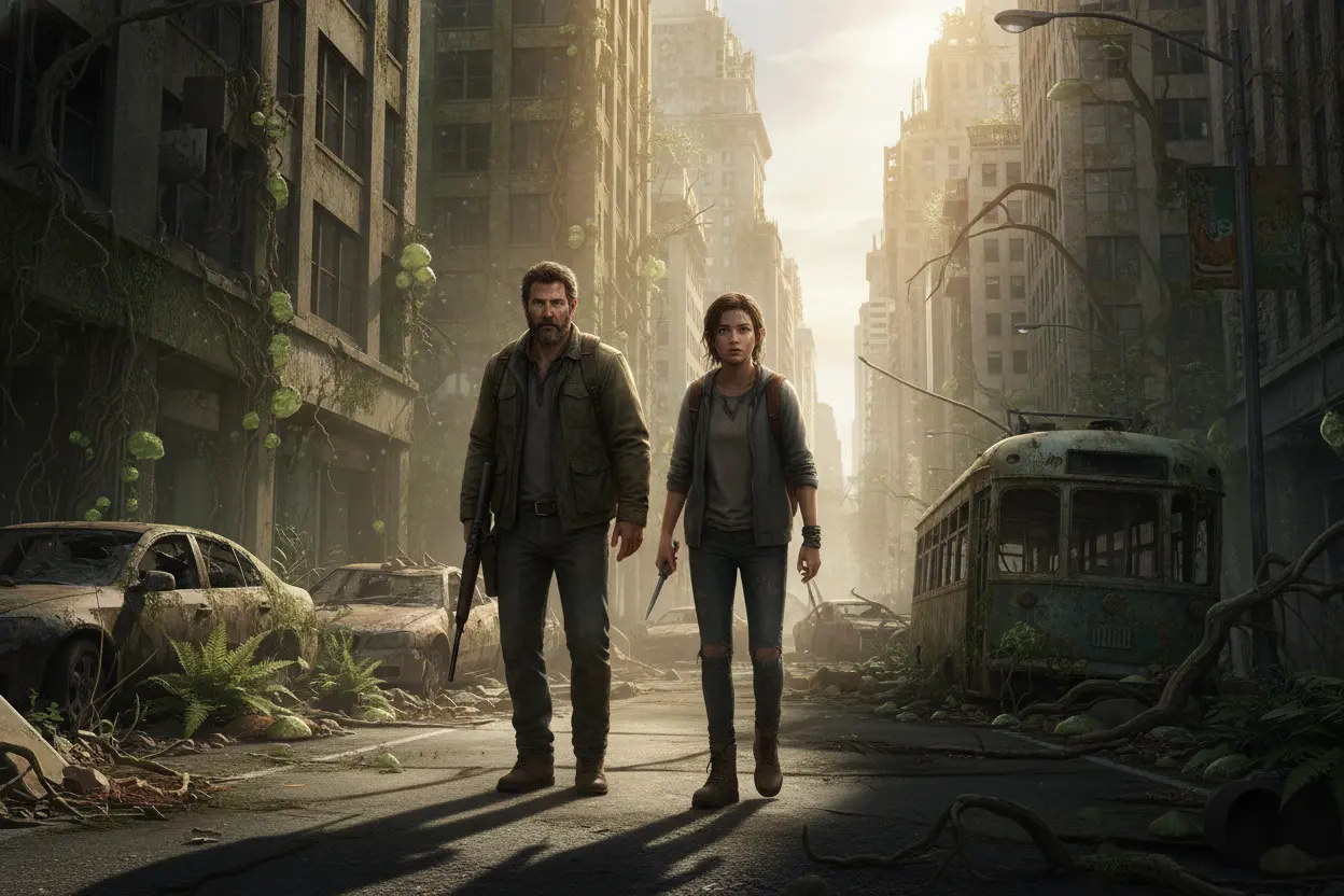 Joel e Ellie caminhando em cenário pós-apocalíptico da série The Last of Us