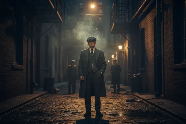 Thomas Shelby em um beco escuro, representando por que a serie peaky blinders e tao famosa