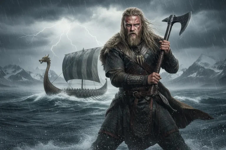 Guerreiro Viking com machado em paisagem nórdica