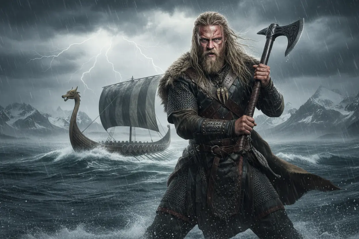 Guerreiro Viking com machado em paisagem nórdica