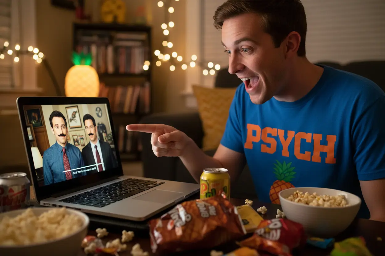 Fã de Psych assistindo à série no laptop