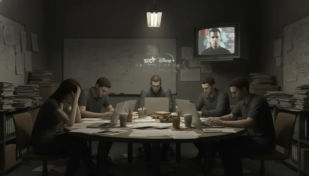 Pessoas em uma sala escura investigando planos ao redor de uma mesa sob o mistério do fim de Prison Break.