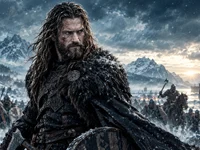 Guerreiro viking em meio à neve, acompanhado por outros guerreiros, navios vikings e montanhas ao fundo.