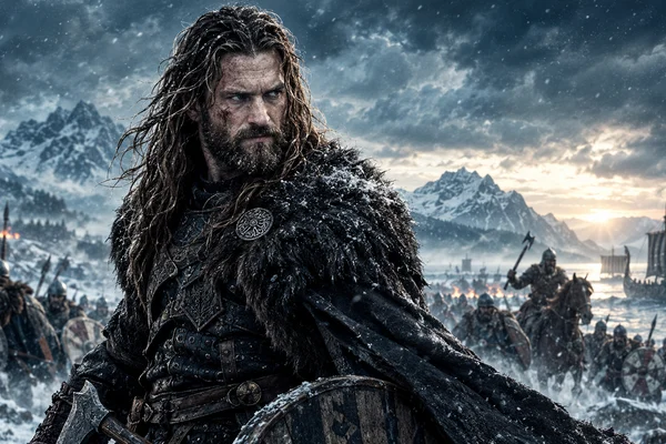 Guerreiro viking em meio à neve, acompanhado por outros guerreiros, navios vikings e montanhas ao fundo.