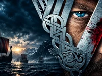Imagem cinematográfica de vikings em navios navegando por um fiorde, com montanhas ao fundo e um guerreiro de olho azul segurando uma arma ornamentada.