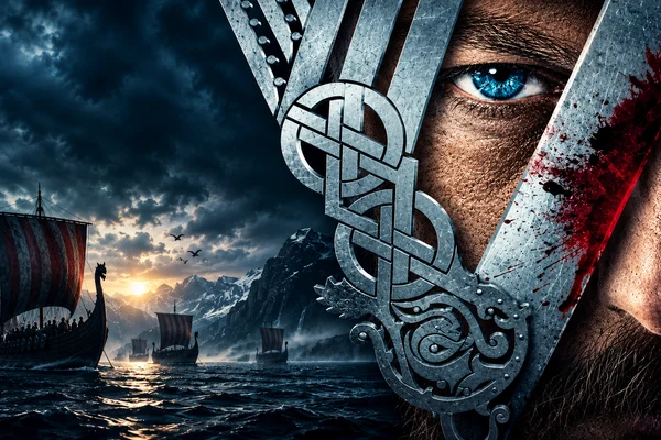 Imagem cinematográfica de vikings em navios navegando por um fiorde, com montanhas ao fundo e um guerreiro de olho azul segurando uma arma ornamentada.