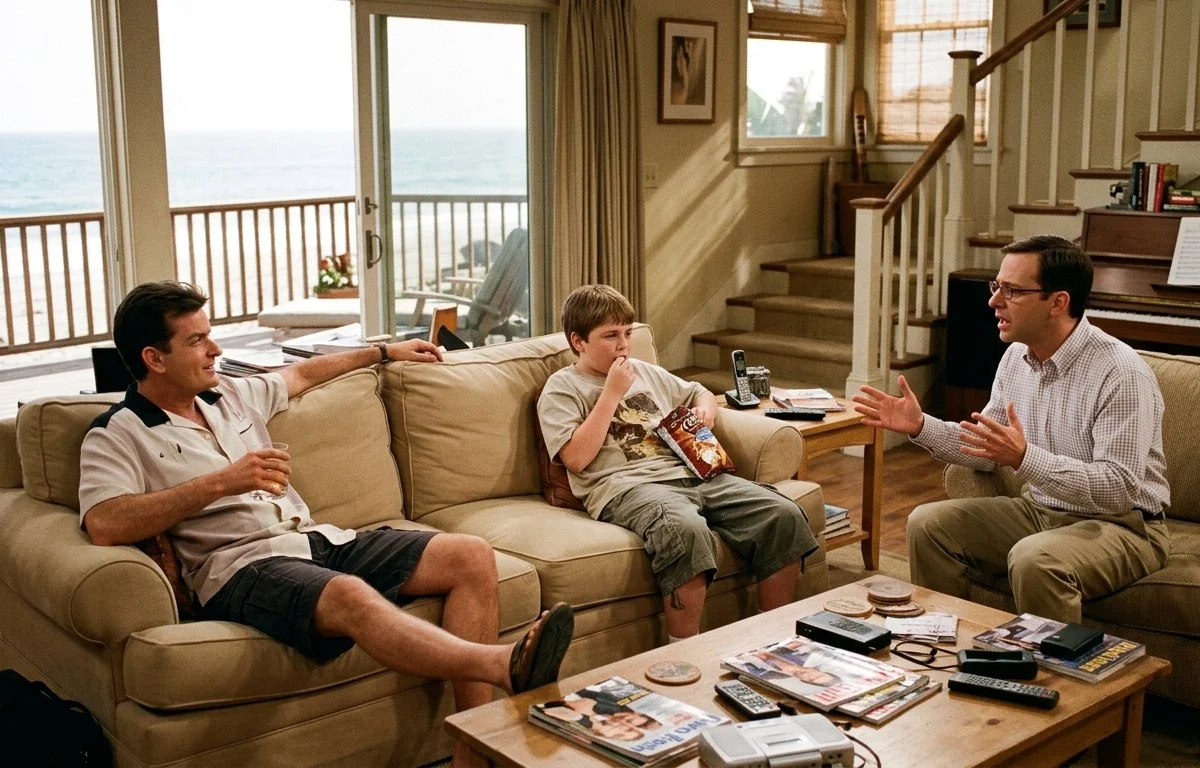 Imagem gerada por IA dos personagens da série Two and a Half Men em uma sala de praia.