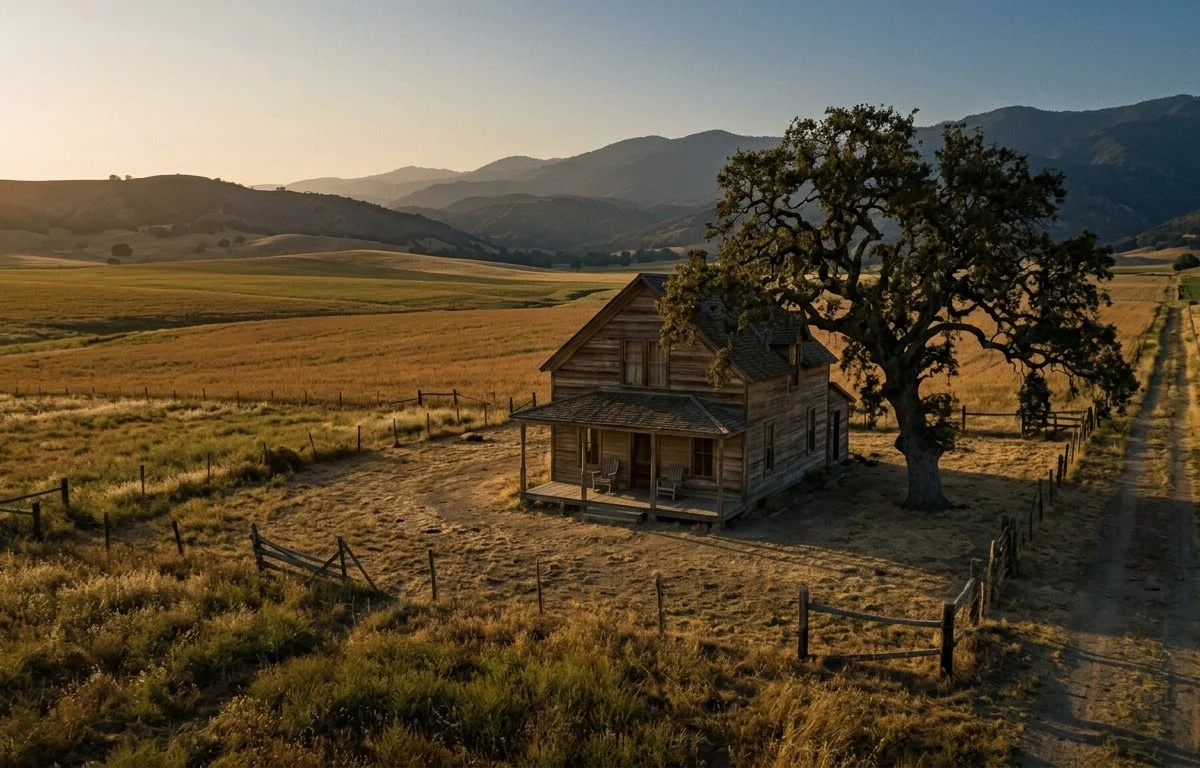 Casa de fazenda de madeira em vale dourado ao entardecer, com duas cadeiras vazias na varanda