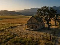 Casa de fazenda de madeira em vale dourado ao entardecer, com duas cadeiras vazias na varanda