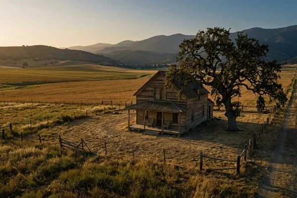 Casa de fazenda de madeira em vale dourado ao entardecer, com duas cadeiras vazias na varanda