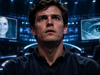 Homem apreensivo em um cenário futurista de quiz, cercado por telas digitais e imagens de vigilância, em uma atmosfera sombria inspirada na série Black Mirror.