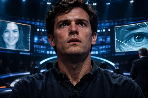 Homem apreensivo em um cenário futurista de quiz, cercado por telas digitais e imagens de vigilância, em uma atmosfera sombria inspirada na série Black Mirror.