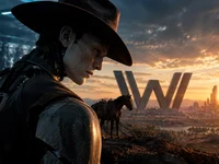 Androide vestido como um pistoleiro do Velho Oeste em um cenário futurista, com cavalo, estruturas tecnológicas e pôr do sol, inspirado na série Westworld.