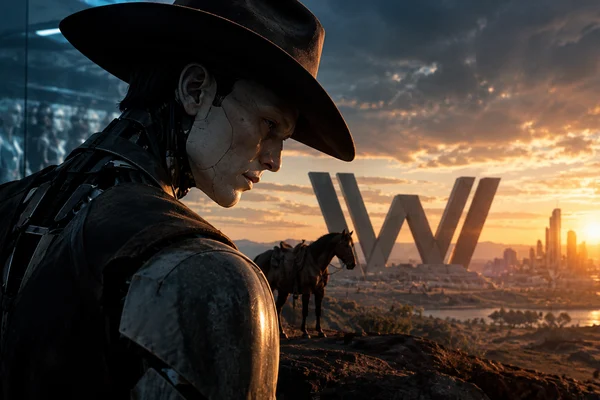 Androide vestido como um pistoleiro do Velho Oeste em um cenário futurista, com cavalo, estruturas tecnológicas e pôr do sol, inspirado na série Westworld.