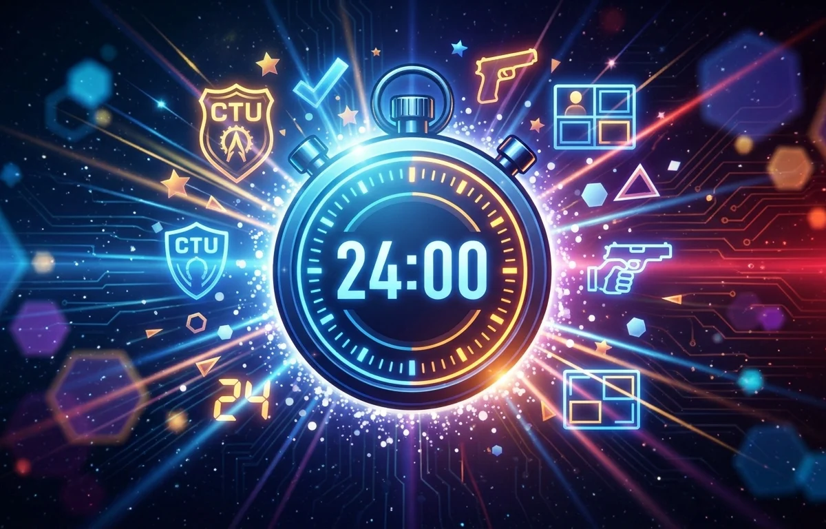 Um cronômetro digital brilhante e estilizado em tons de azul e âmbar, cercado por painéis de tela dividida que sugerem espionagem e tecnologia tática.