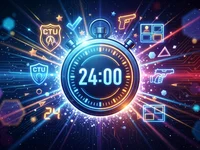 Um cronômetro digital brilhante e estilizado em tons de azul e âmbar, cercado por painéis de tela dividida que sugerem espionagem e tecnologia tática.