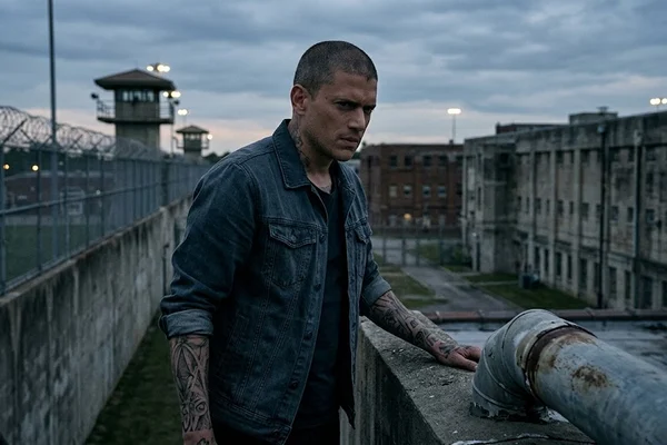 Homem com tatuagens nos braços e olhar sério no pátio de uma prisão com torres de vigilância ao fundo.
